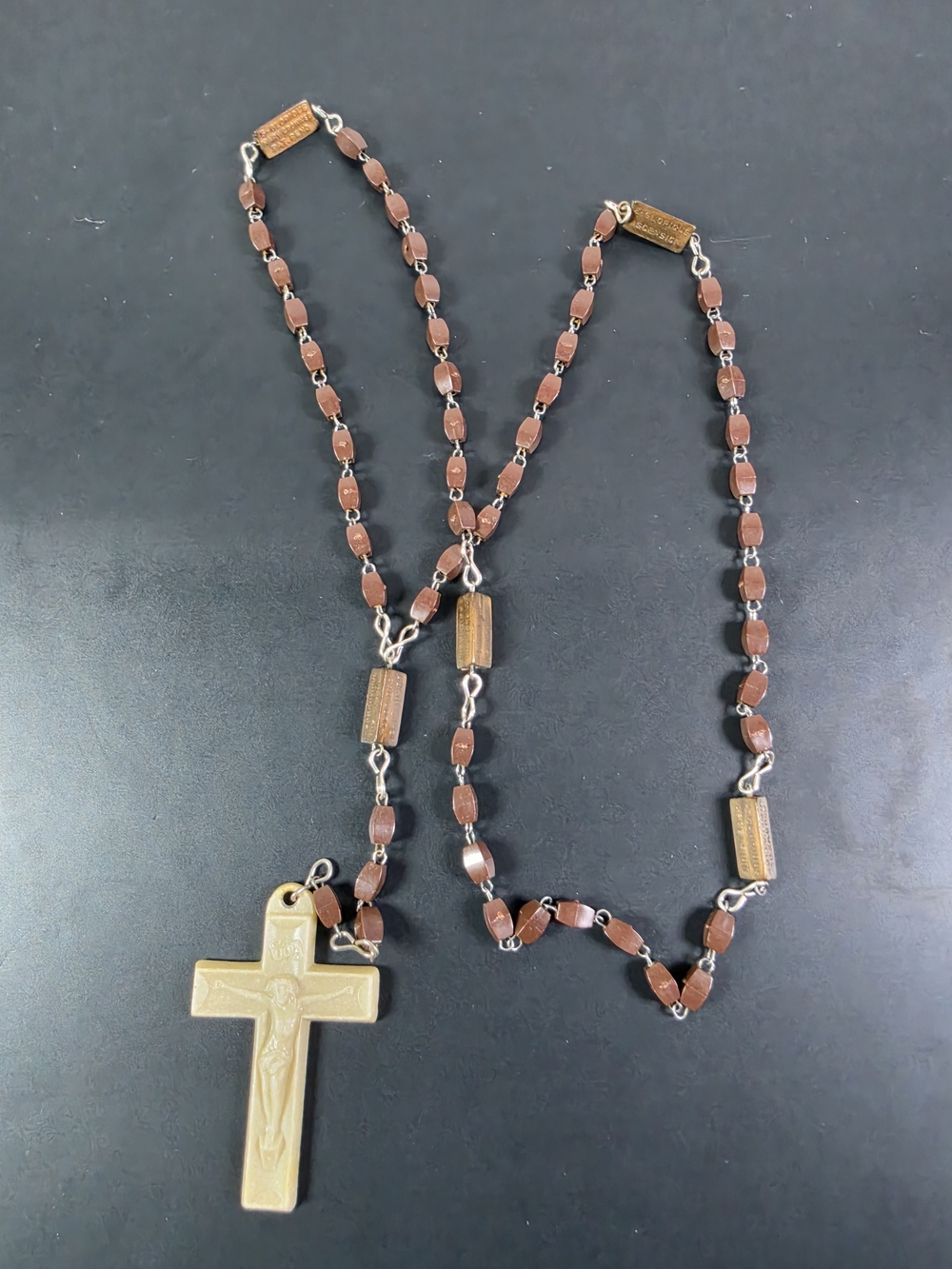Brown Rosary Necklace with Cross Pendant